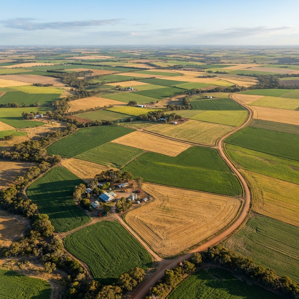 Aerial drone photograph of patchwork farmland fields
