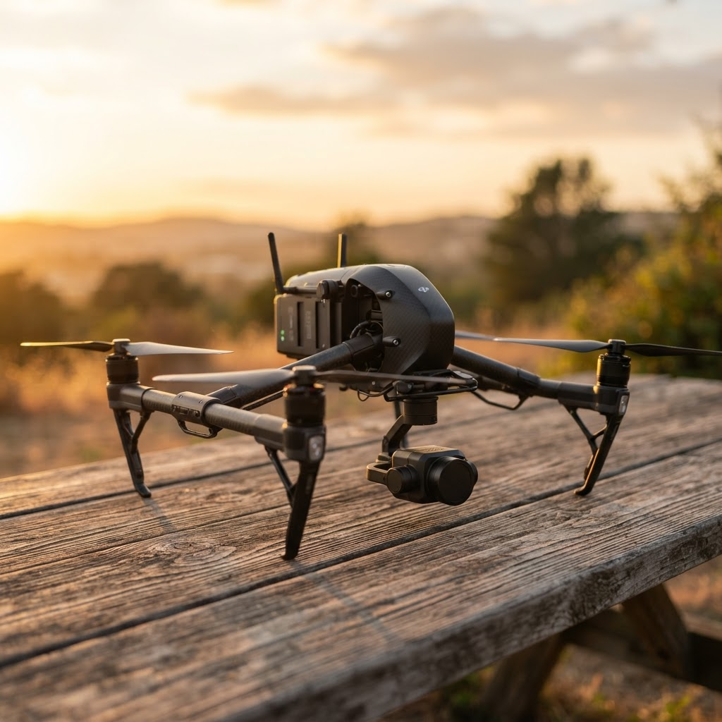 Professional camera drone resting outdoors at sunset, ready for an aerial photography shoot
